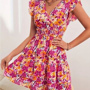 Floral Ruffle Sleeve Dress - Pink and Yellow